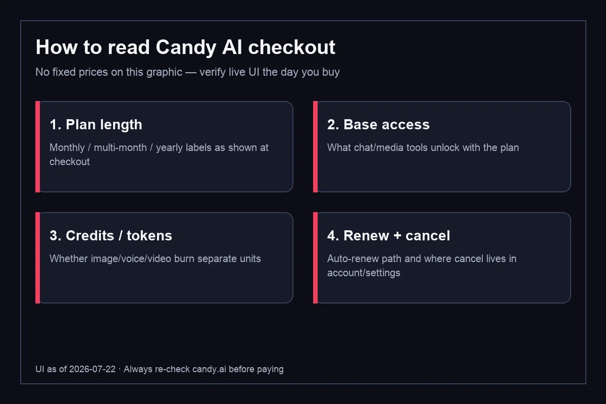 Diagram showing how to read Candy AI live checkout fields without fixed prices