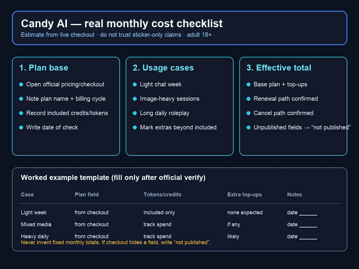 Candy AI real monthly cost checklist — plan base, usage cases, effective total from live checkout, adult 18+